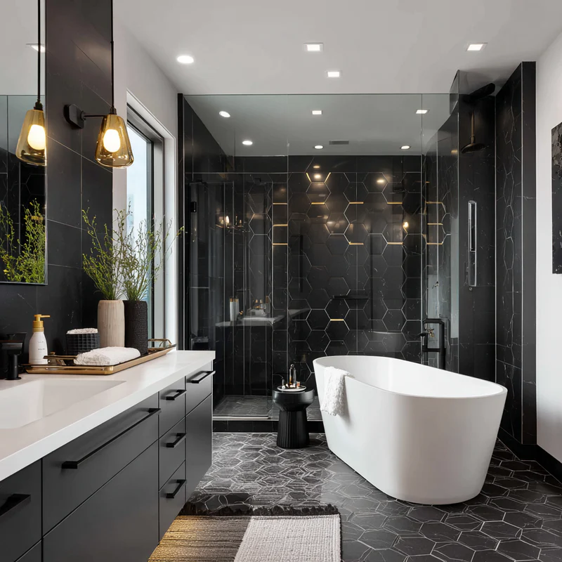 Black and white bathroom with hexagon tile and gold accents