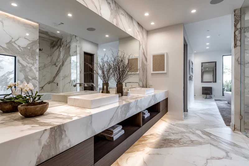 Bathroom with Calacatta quartz and backlit mirror