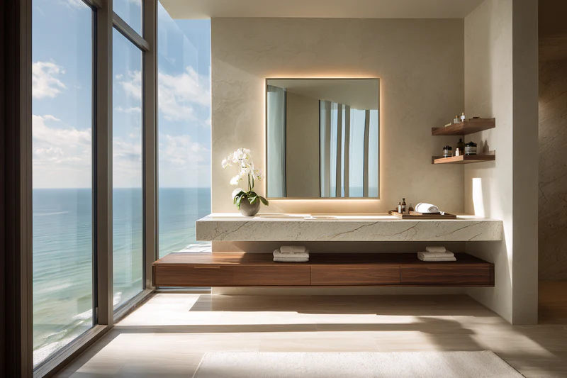 Coastal bathroom with floating vanity and ocean view - quartz countertop