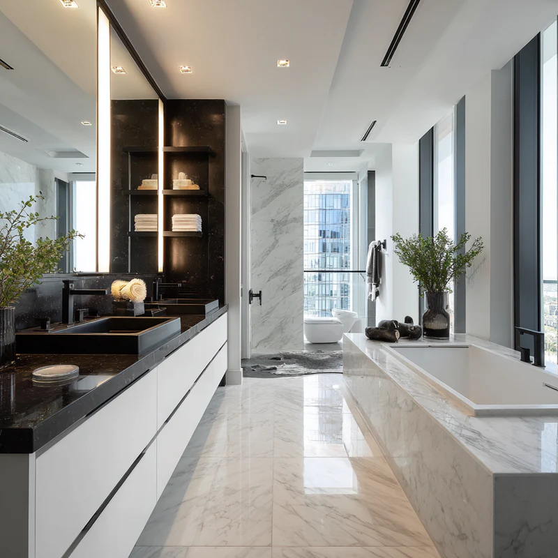 Penthouse bathroom with black and white quartz and city view