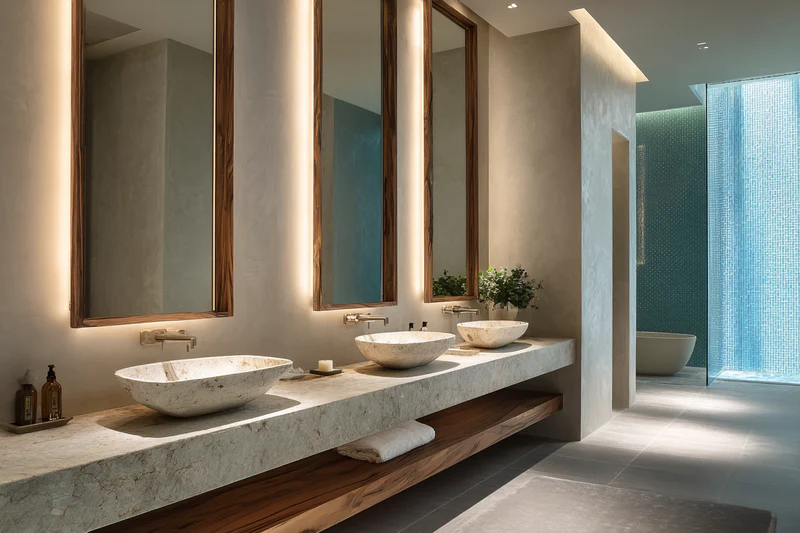 Resort-style bathroom with vessel bowl sinks and turquoise accents