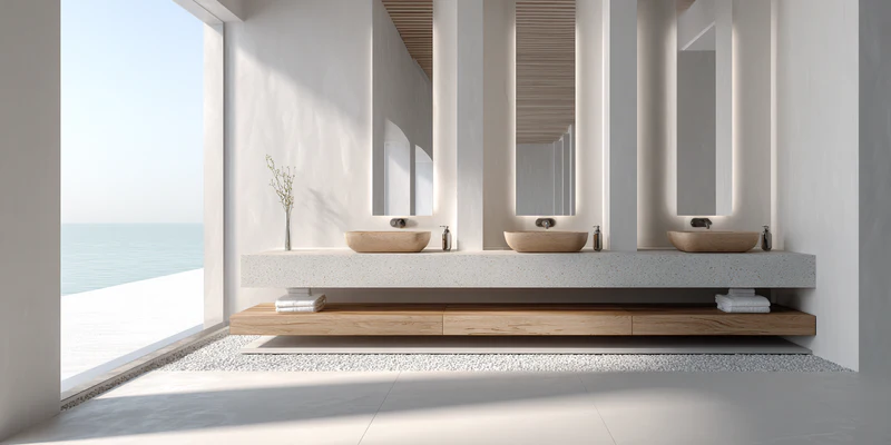 Zen bathroom with triple vessel sinks and terrazzo accents