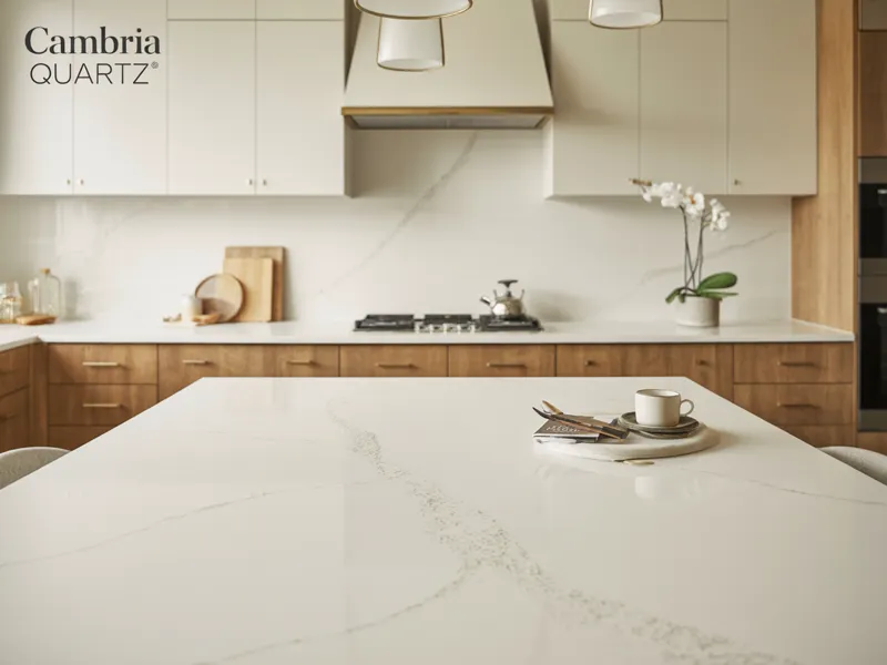 Cambria Ella quartz countertop in classic white kitchen