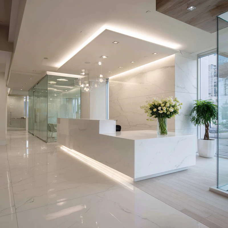 Modern commercial quartz countertop installation in South Florida office lobby