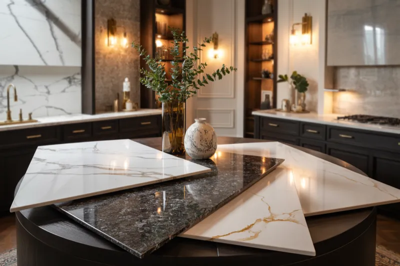Quartz, granite, marble, and quartzite countertop materials compared