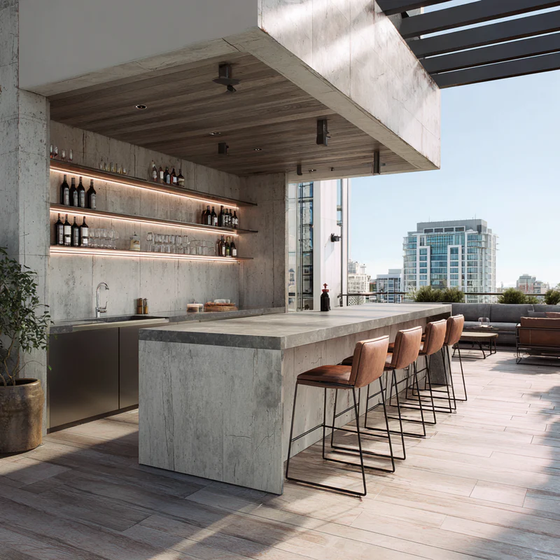 Industrial rooftop bar with concrete and city view