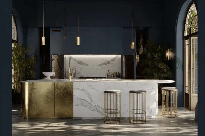 Art Deco kitchen with brass accents and navy curved island