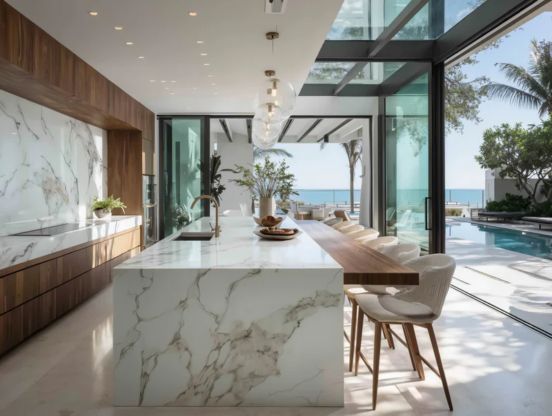 Luxury beachfront kitchen with quartz countertops and pool view
