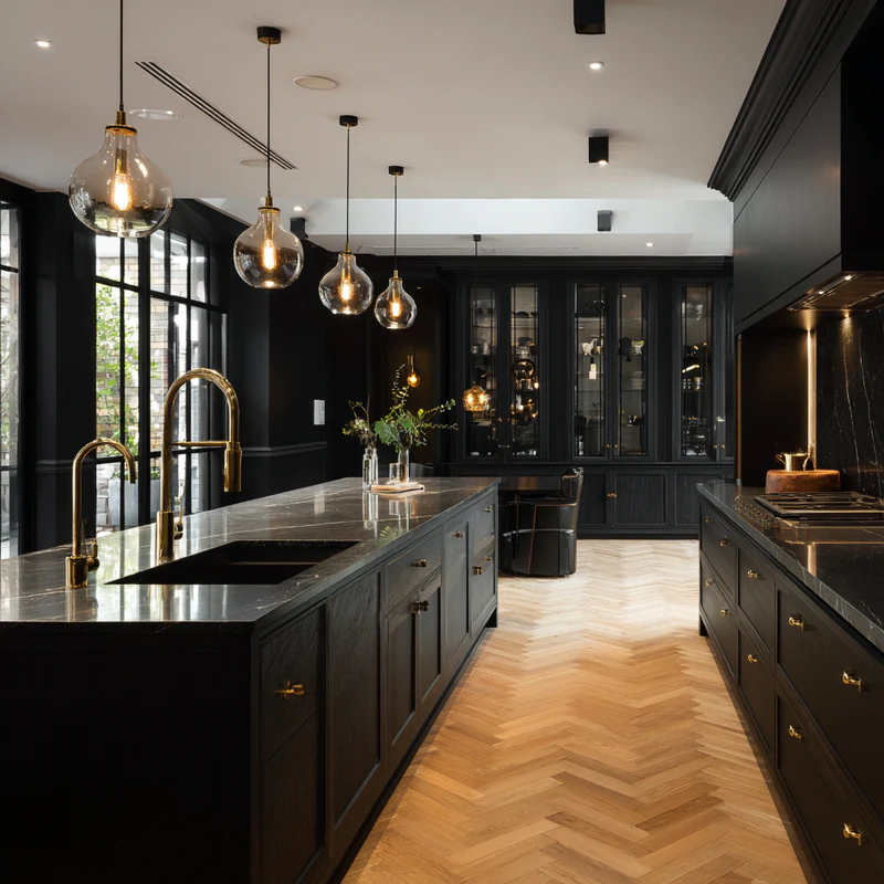 Black marble-look quartz kitchen with gold herringbone backsplash