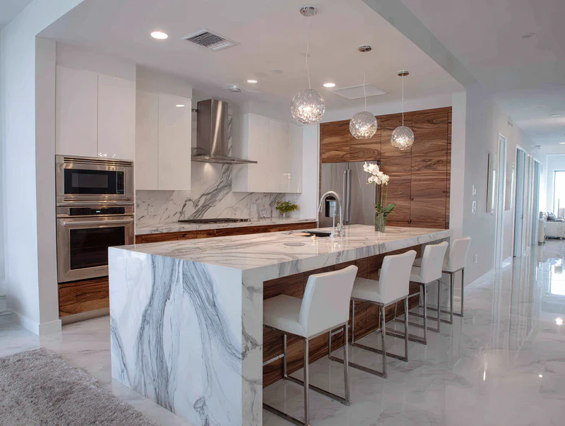 Realistic Calacatta quartz countertop in a modern kitchen