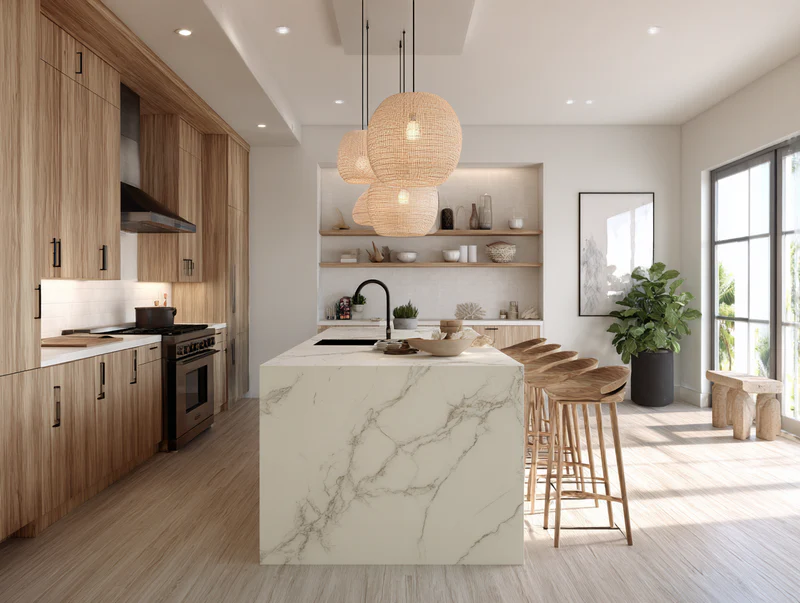 Coastal kitchen with woven pendant lights and wood cabinets