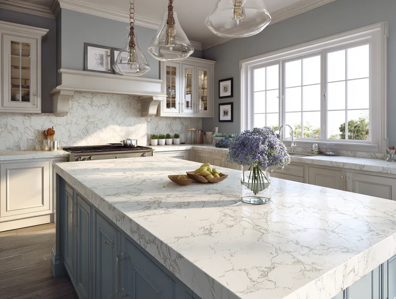 French kitchen with blue-gray island and quartz countertop