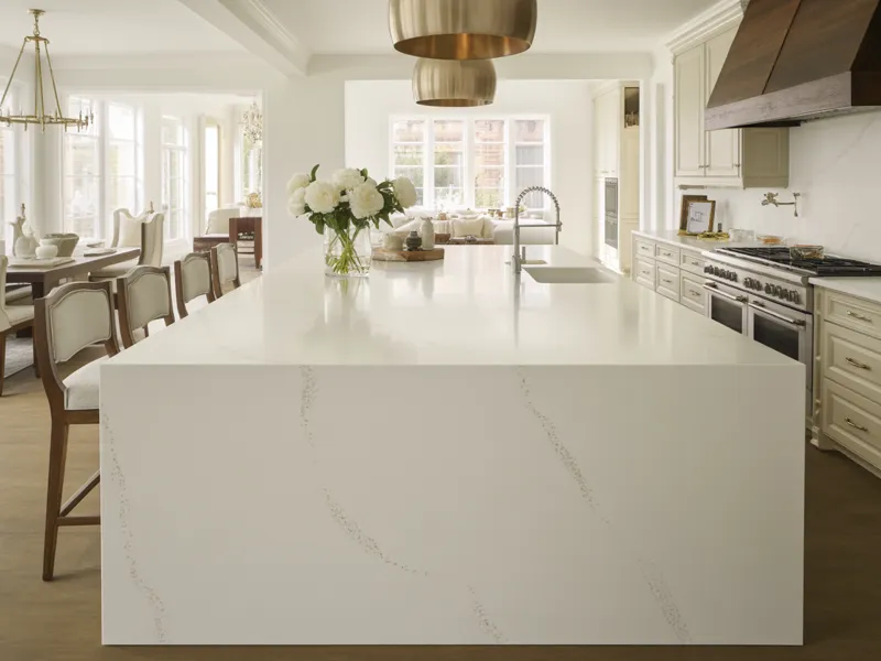 Open concept white quartz kitchen island in Boca Raton Florida family estate home
