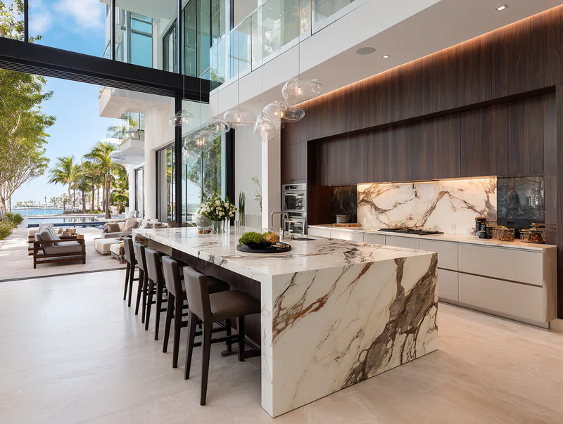 Miami penthouse kitchen with brown veined quartz