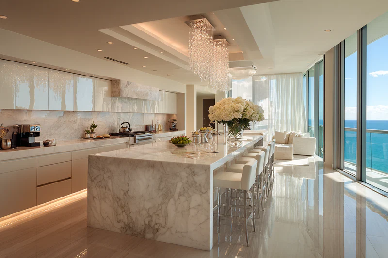 Penthouse kitchen with crystal chandelier and quartz island