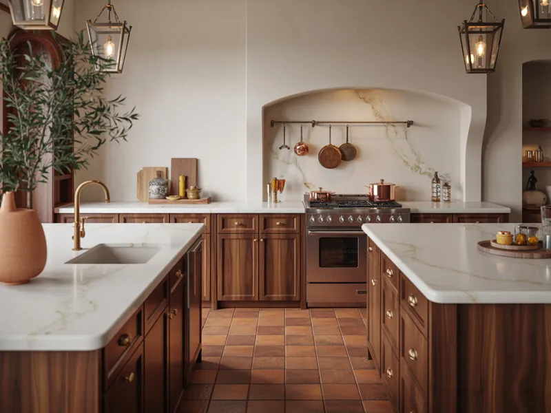 Quartz perimeter countertops with backsplash