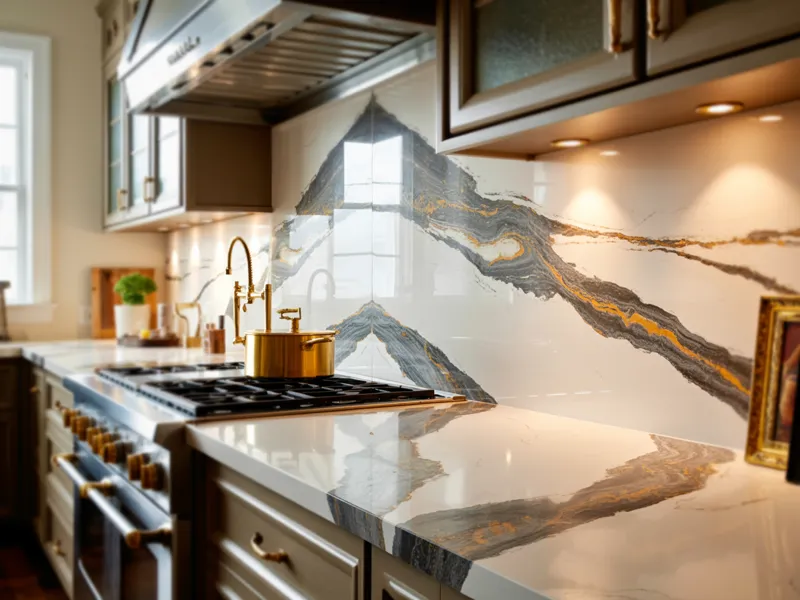 Full-height quartz backsplash in luxury kitchen