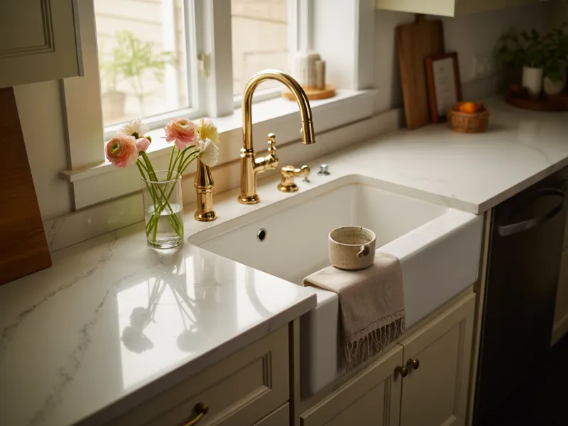 Undermount sink with polished quartz countertop
