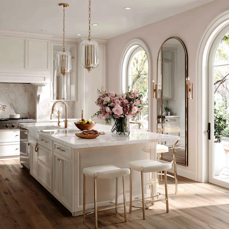 Luxury white kitchen with marble countertops, gold fixtures, and arched windows in South Florida