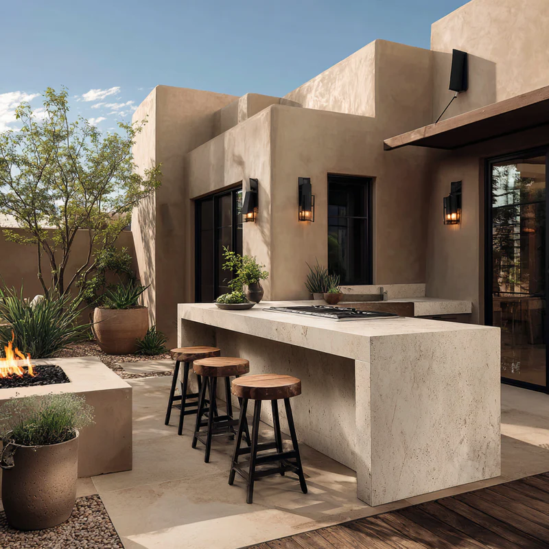 Desert-style outdoor kitchen with adobe and firepit