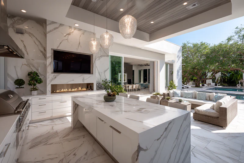 Outdoor kitchen with marble countertops and pool