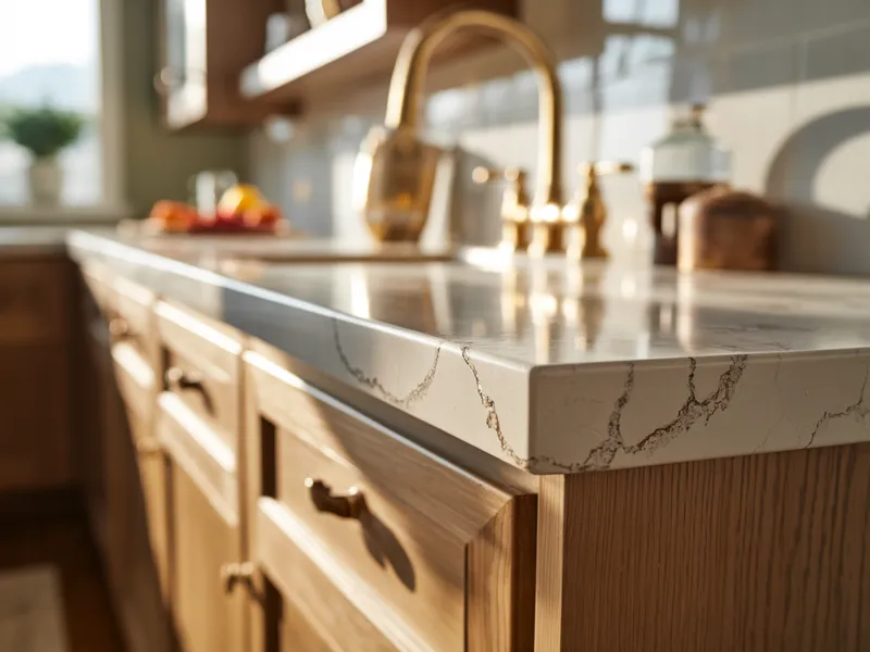 Quartz countertop edge profile detail in modern kitchen