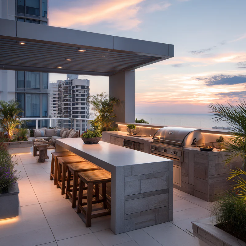 Rooftop outdoor kitchen with ocean sunset view