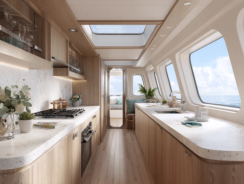 Luxury yacht galley with white quartz countertops and ocean view